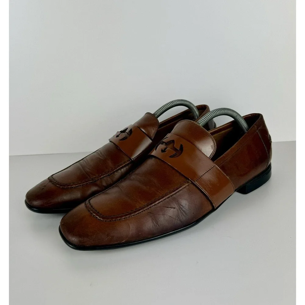 Gucci Men's Brown Leather Mila Wimbledon Logo Loafers Size‎ 6.5 Shoes